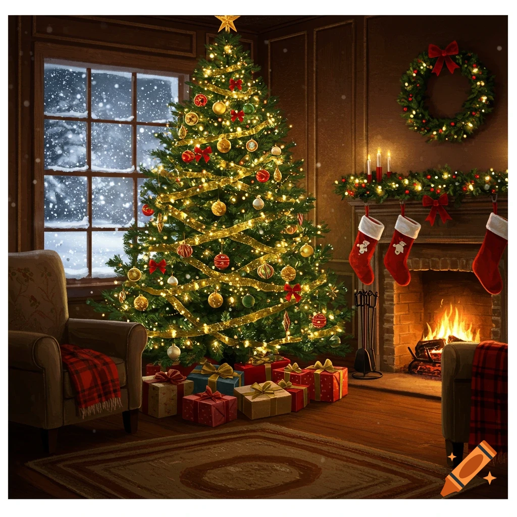 A cozy Christmas scene with a decorated tree, fireplace, stockings, and gifts, viewed through a window with falling snow.
