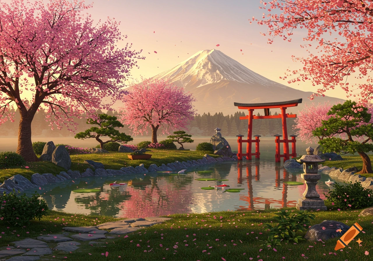 Scenic Japanese landscape with Mount Fuji, a red Torii gate, and pink cherry blossom trees reflecting in a tranquil lake.