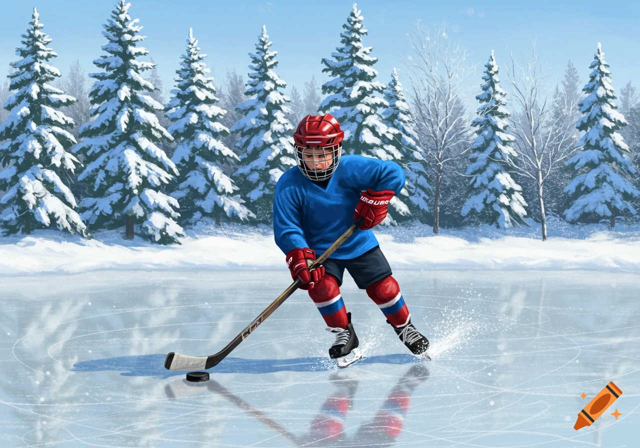 An illustration of a child in a blue jersey and red helmet playing ice hockey on an outdoor rink surrounded by snow-covered pine trees.