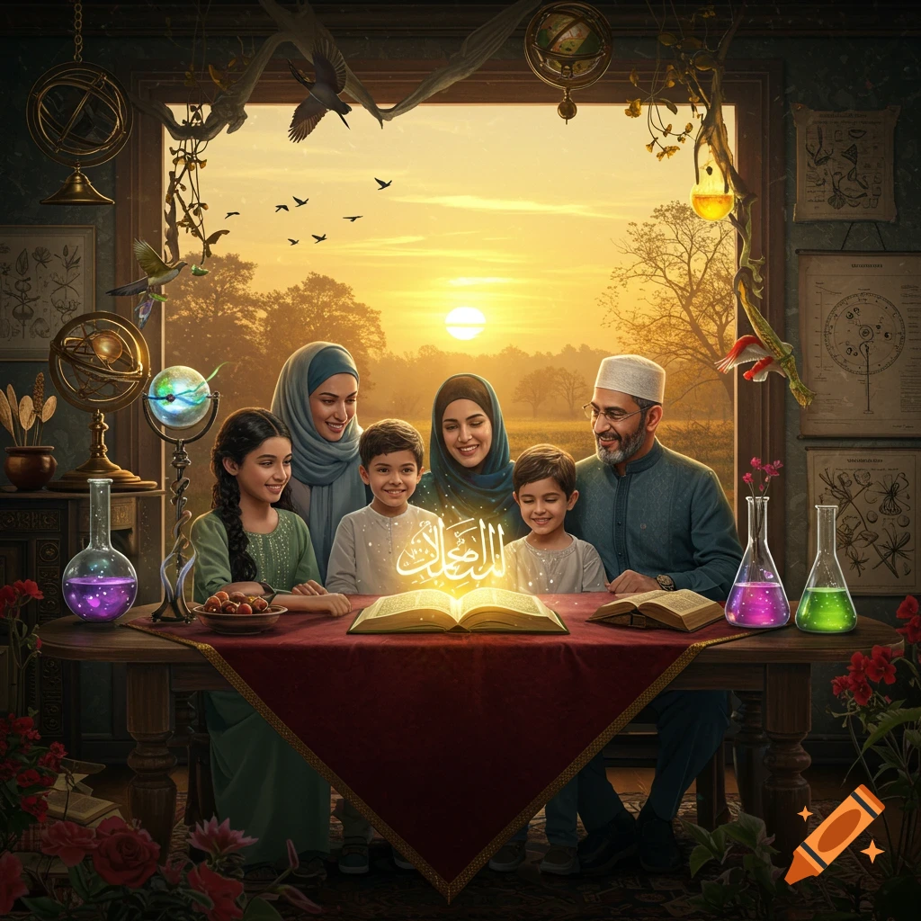 A diverse family studies a glowing book on a table surrounded by science tools and nature, with a sunset outside in a fantasy art style.
