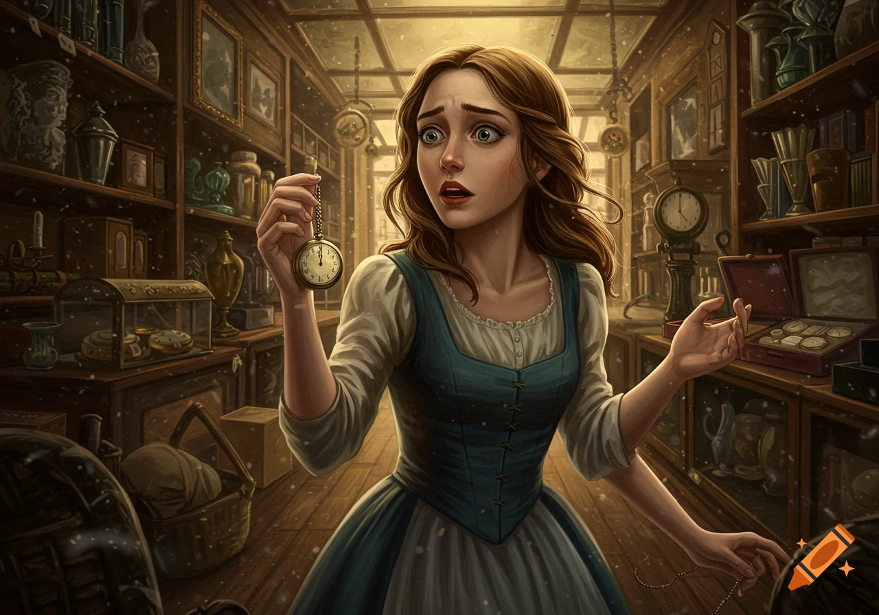 An illustrative image of a young woman with a surprised expression, holding a pocket watch in a dusty, cluttered antique shop.