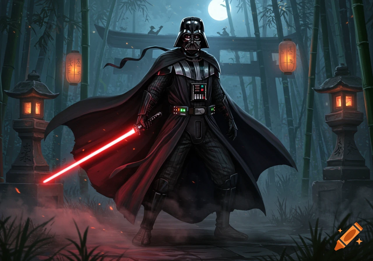 Darth Vader stands with a red lightsaber in a moonlit bamboo forest with Japanese lanterns and a torii gate, in a digital painting style.