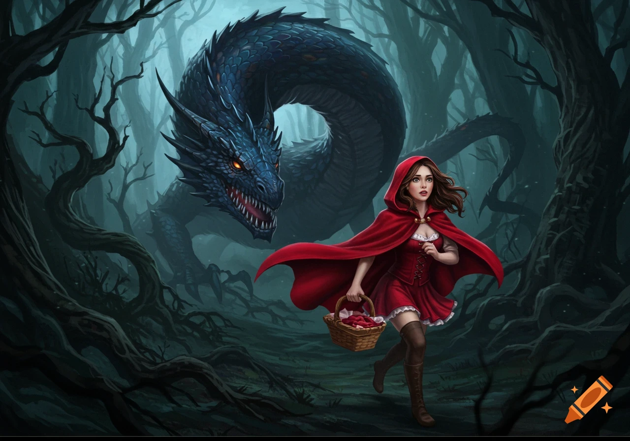 Little Red Riding Hood, in a red cape, runs from a fierce blue dragon in a dark, gnarled forest, digital painting.