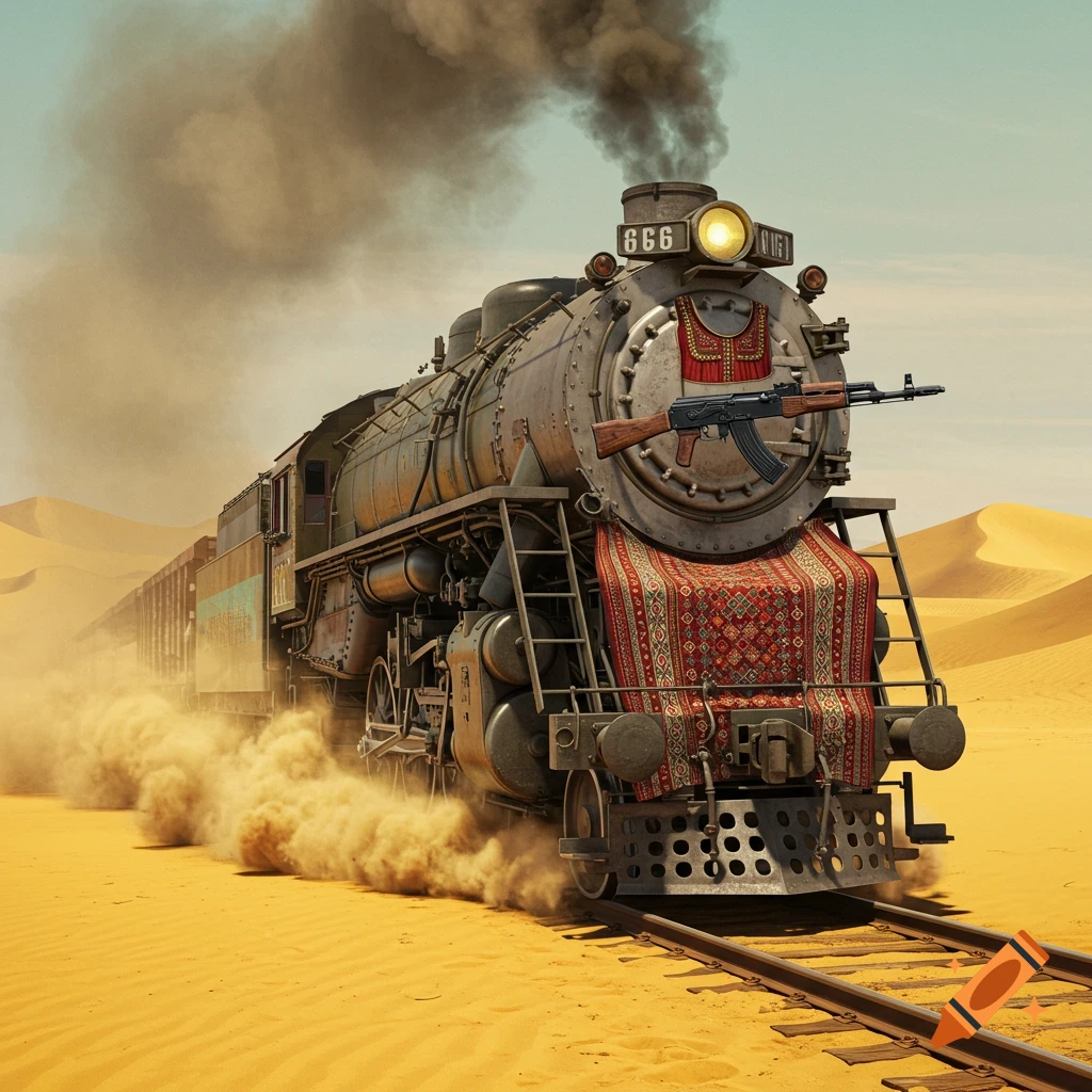 A photorealistic steam locomotive adorned with an AK-47 and an oriental rug travels through a vast, sandy desert.