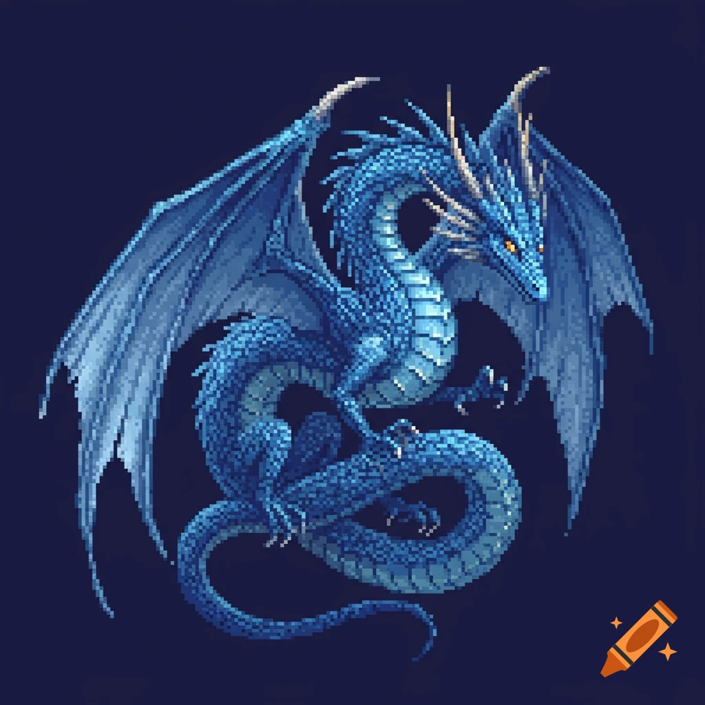 A blue pixel art dragon with large wings and golden accents, coiled on a dark blue background.