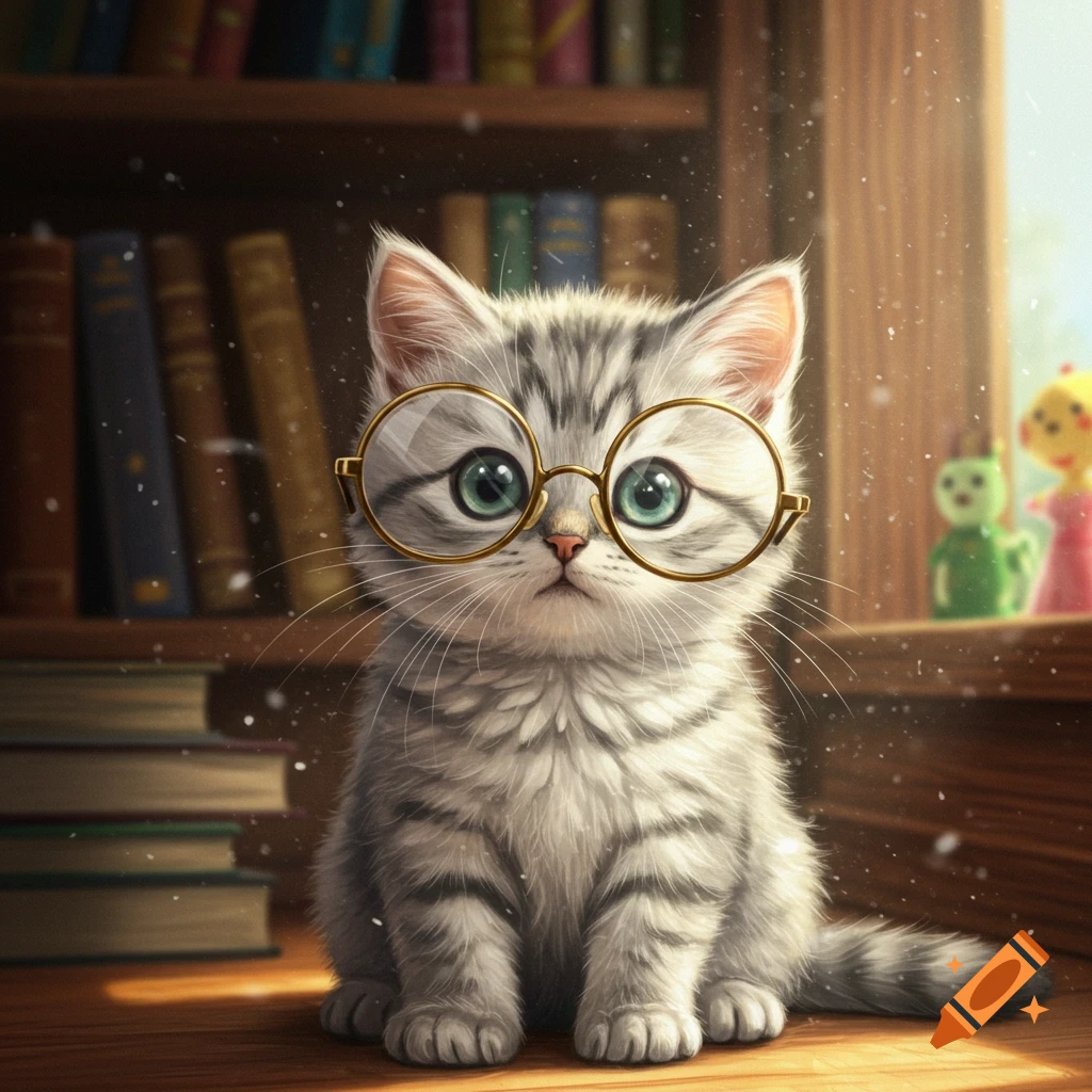 A cute gray tabby kitten with green eyes wears round gold glasses, sitting on a wooden surface in a cozy library with bookshelves.