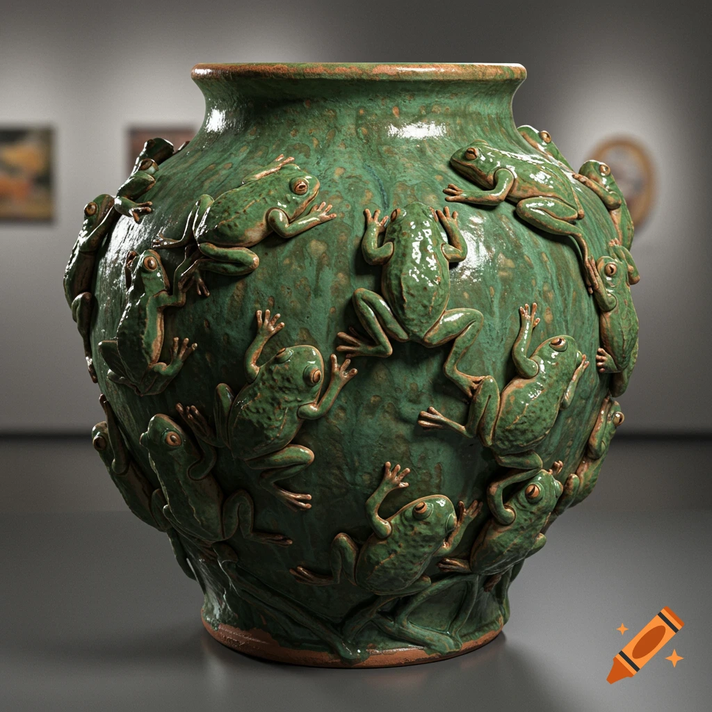 A textured green ceramic vase covered with many sculpted frogs, displayed in a dimly lit museum or gallery setting.
