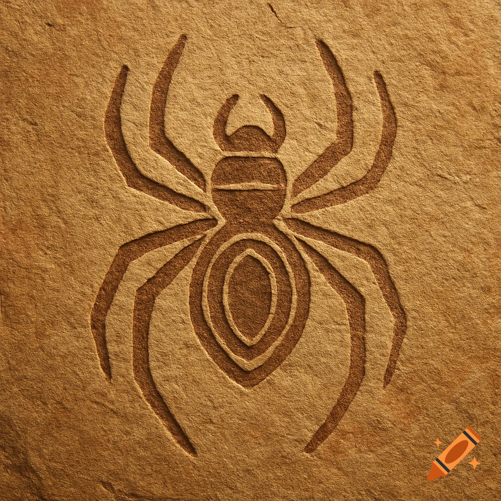 A stylized spider carved into a textured, light brown stone surface, resembling an ancient petroglyph.