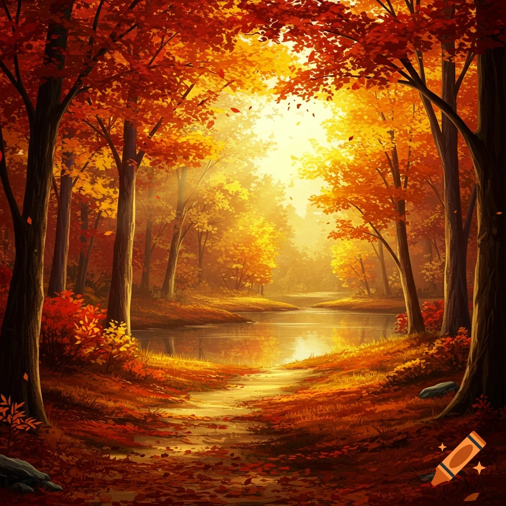 A beautiful, sunlit autumn forest with vibrant red and orange trees reflecting in a calm river, a path leading into the light.
