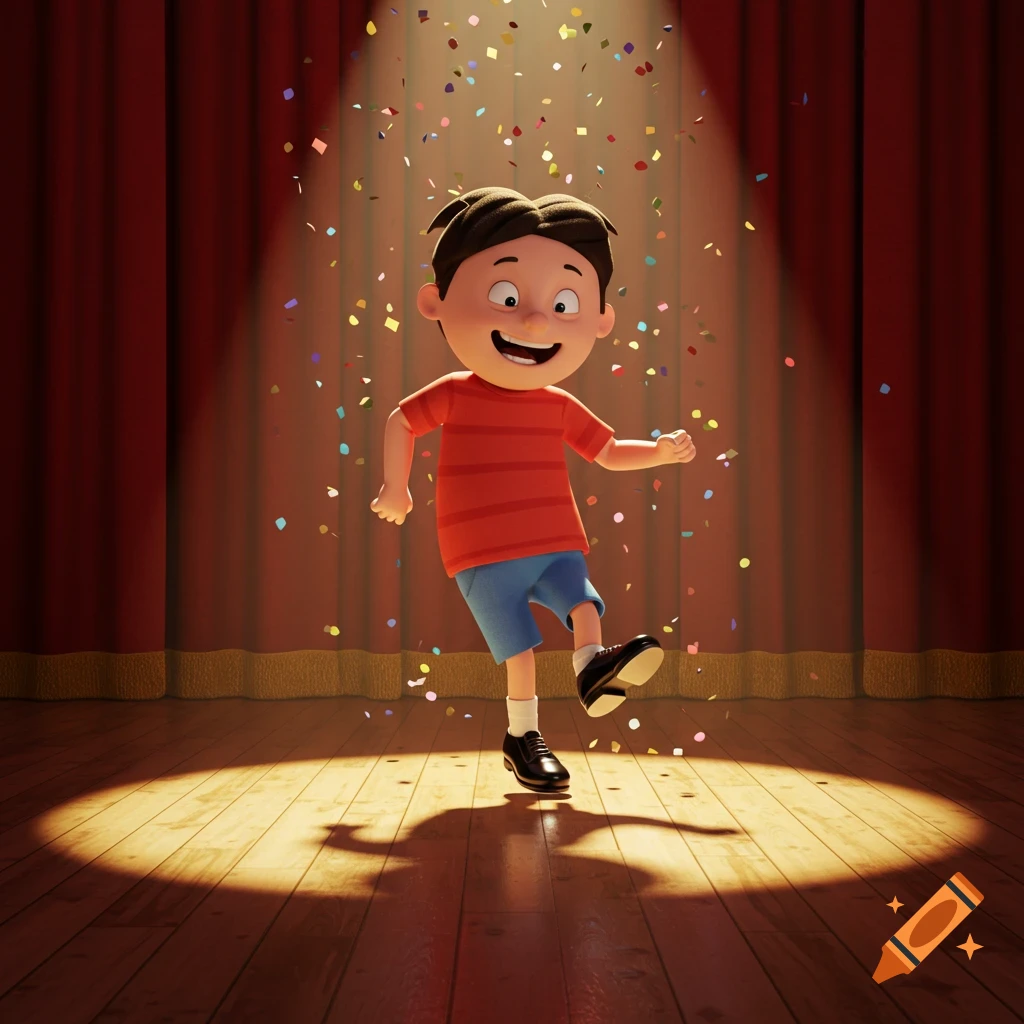 A happy cartoon boy in a red striped shirt and blue shorts dances on a wooden stage with colorful confetti falling under a spotlight.