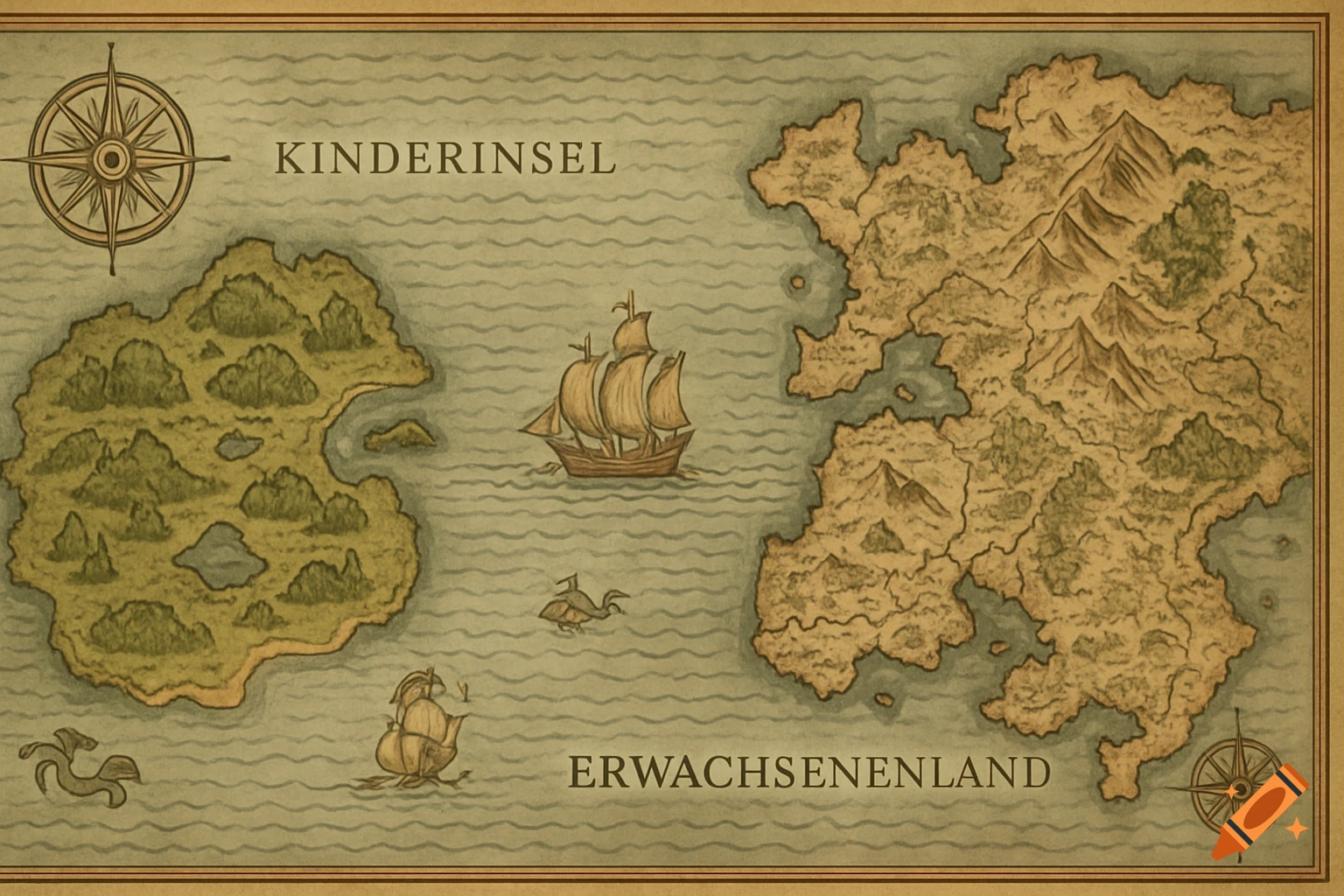 A vintage-style fantasy map with 'Kinderinsel' and 'Erwachsenenenland', ships, and compass roses.