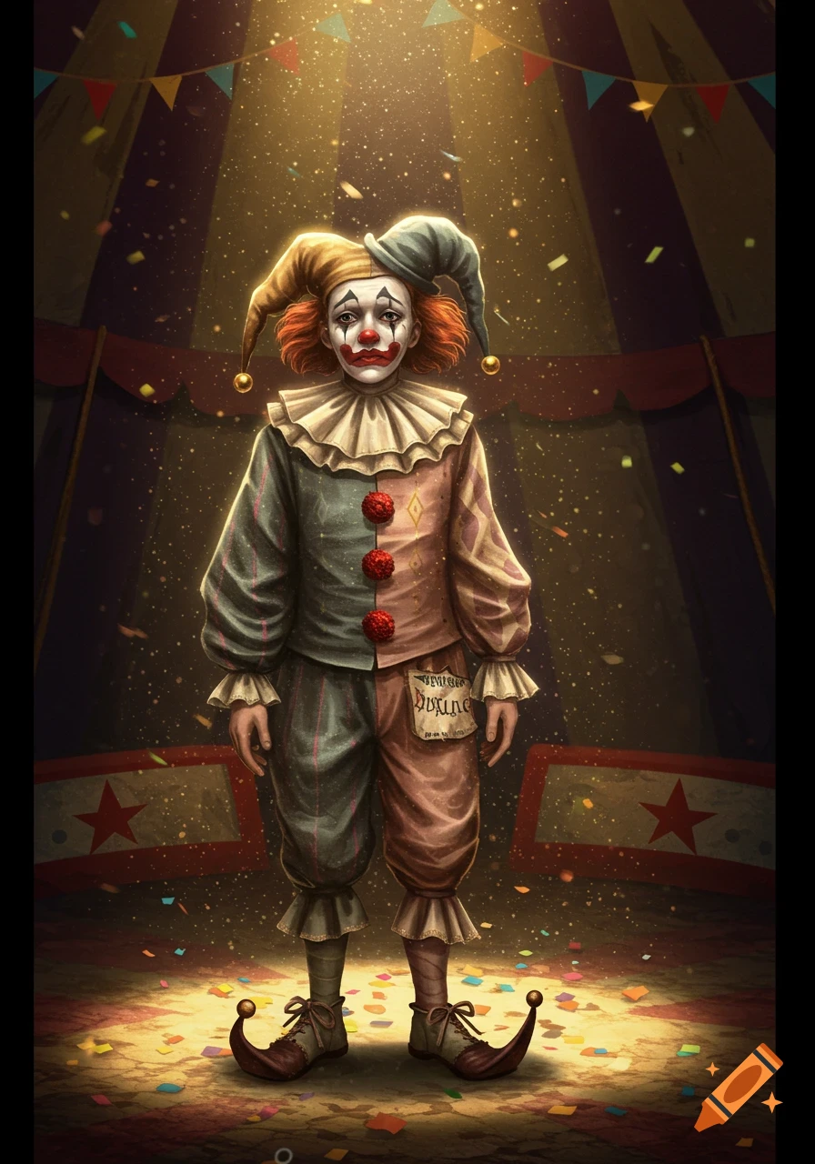A sad-looking clown in a jester hat and ruffled costume stands in a spotlight amidst confetti inside a circus tent.