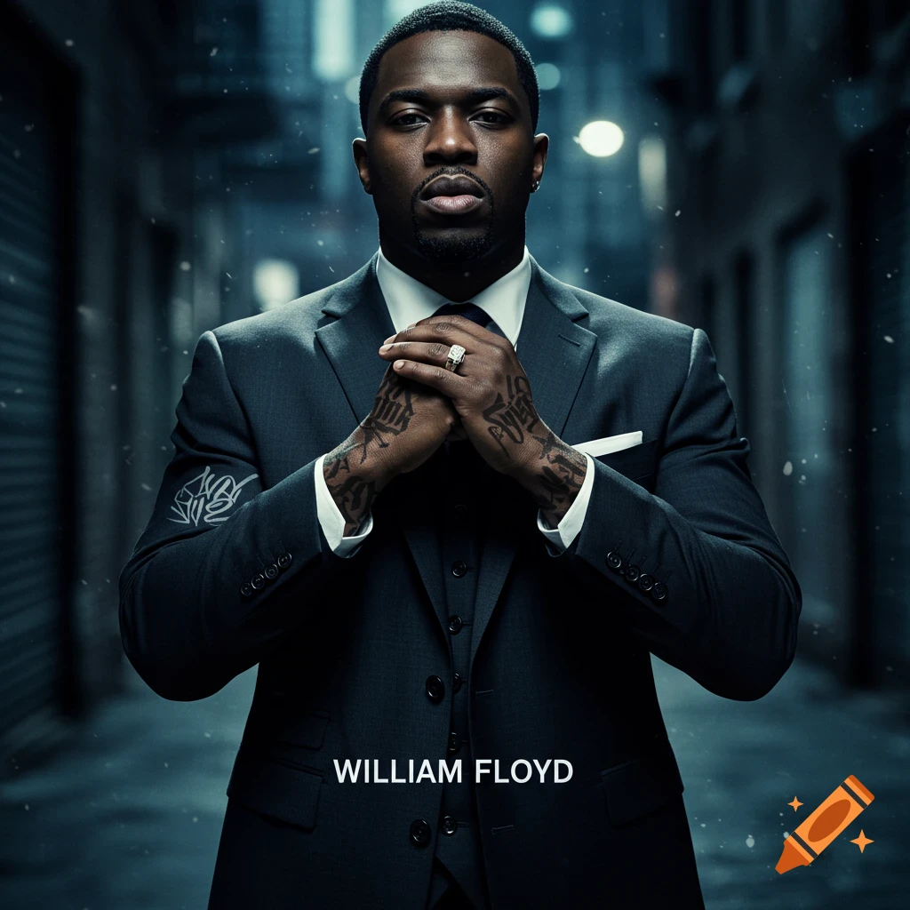 A stylish man in a dark suit with hand and arm tattoos stands in an urban alley. Text 'WILLIAM FLOYD' below.
