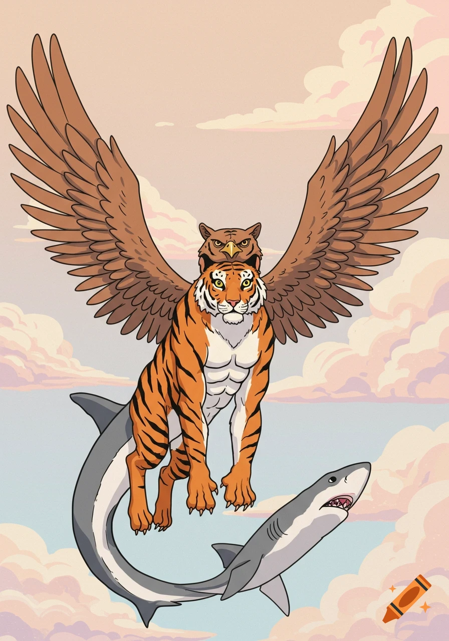 A whimsical cartoon illustration of a flying tiger-like creature with brown wings, an owl head, and a shark's body as its lower half, soaring through a cloudy sky with another shark nearby.
