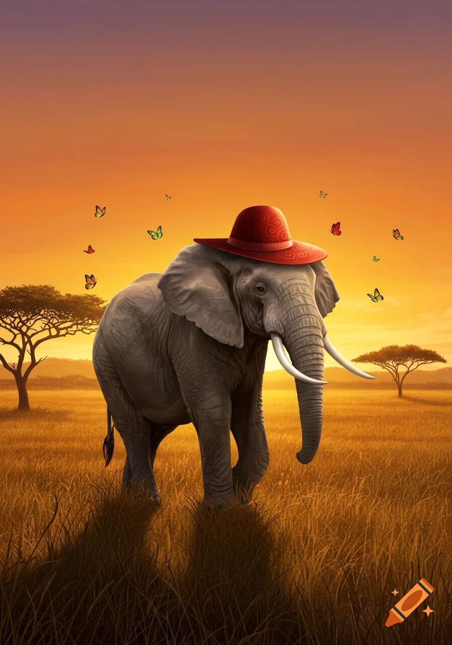 An elephant wearing a red hat stands in a golden savanna at sunset, with butterflies fluttering around.