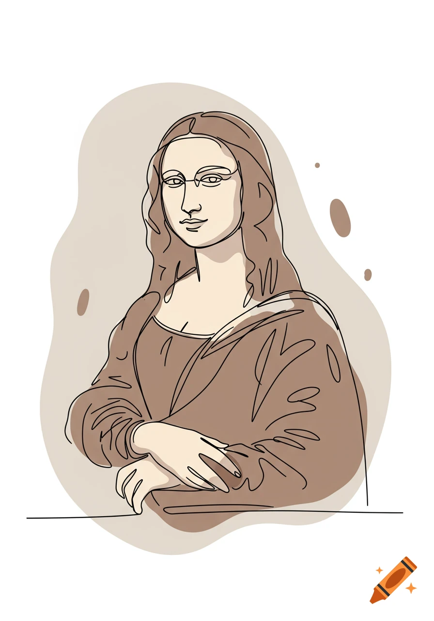 A simple, clean line drawing of the Mona Lisa portrait with flat, earthy color fills and a brown abstract background.
