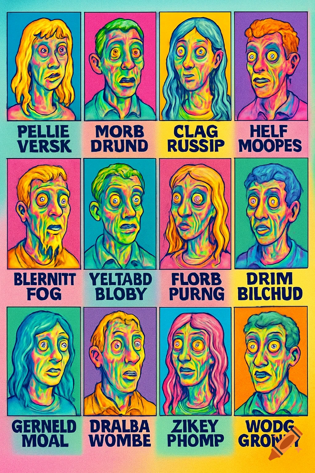 A grid of 12 vibrant, distorted, and melted faces in a yearbook style, each with nonsense names below.