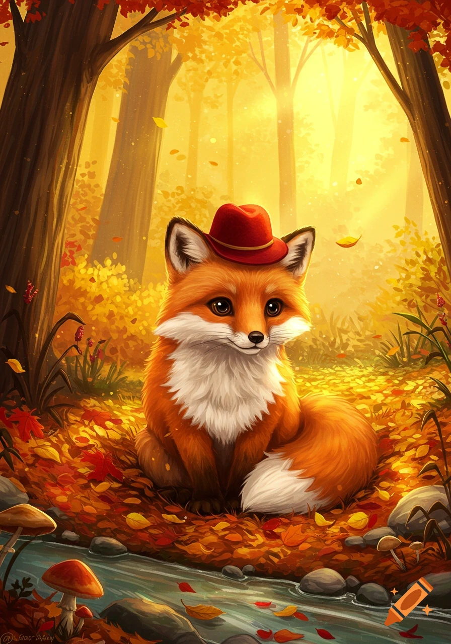 A cute, fluffy orange fox wearing a red hat sits among fallen autumn leaves by a stream in a warm, illustrative forest.