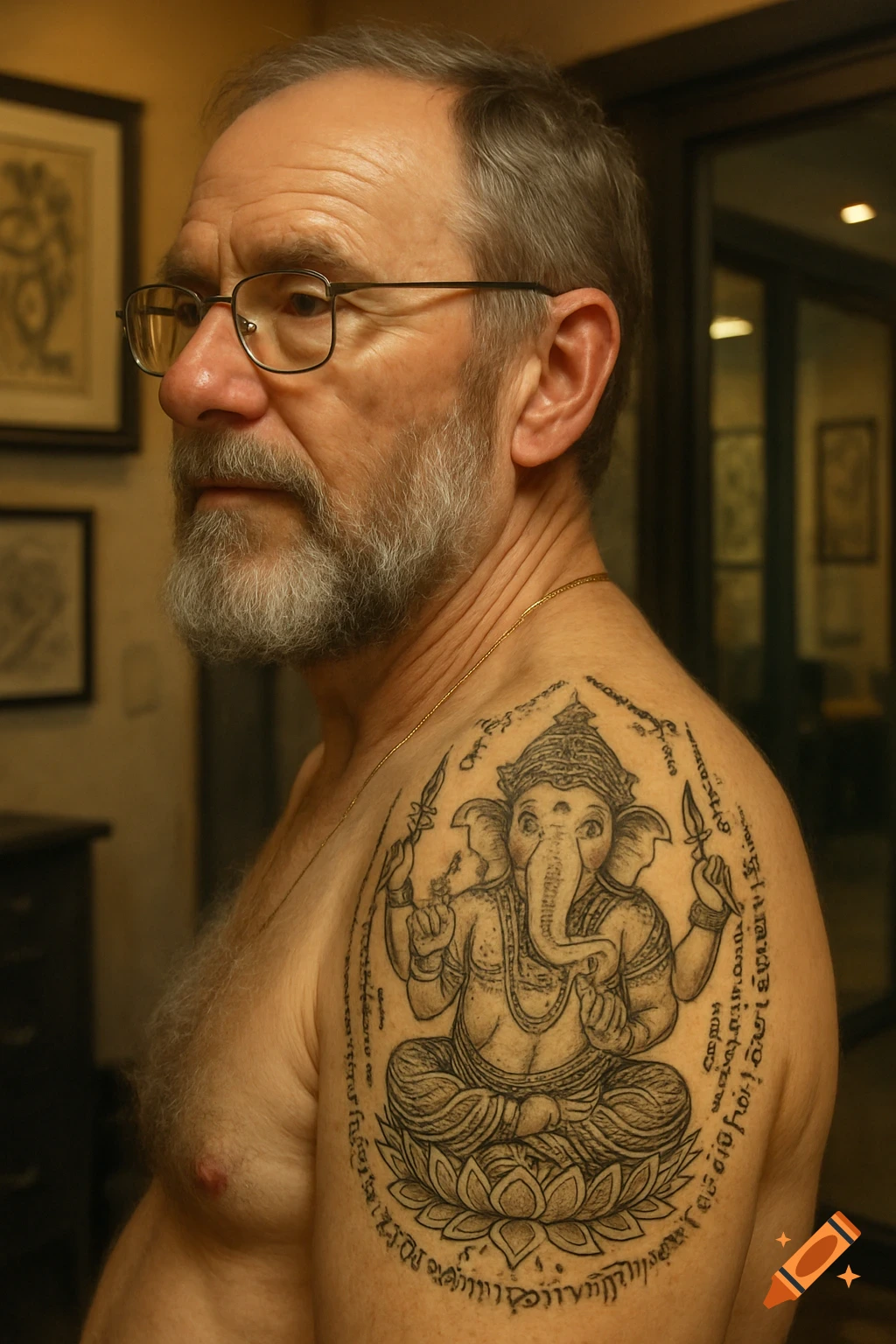 Close-up portrait of a man with glasses and a gray beard, showing a large, intricate black-ink Ganesh tattoo on his shoulder encircled by Thai script.