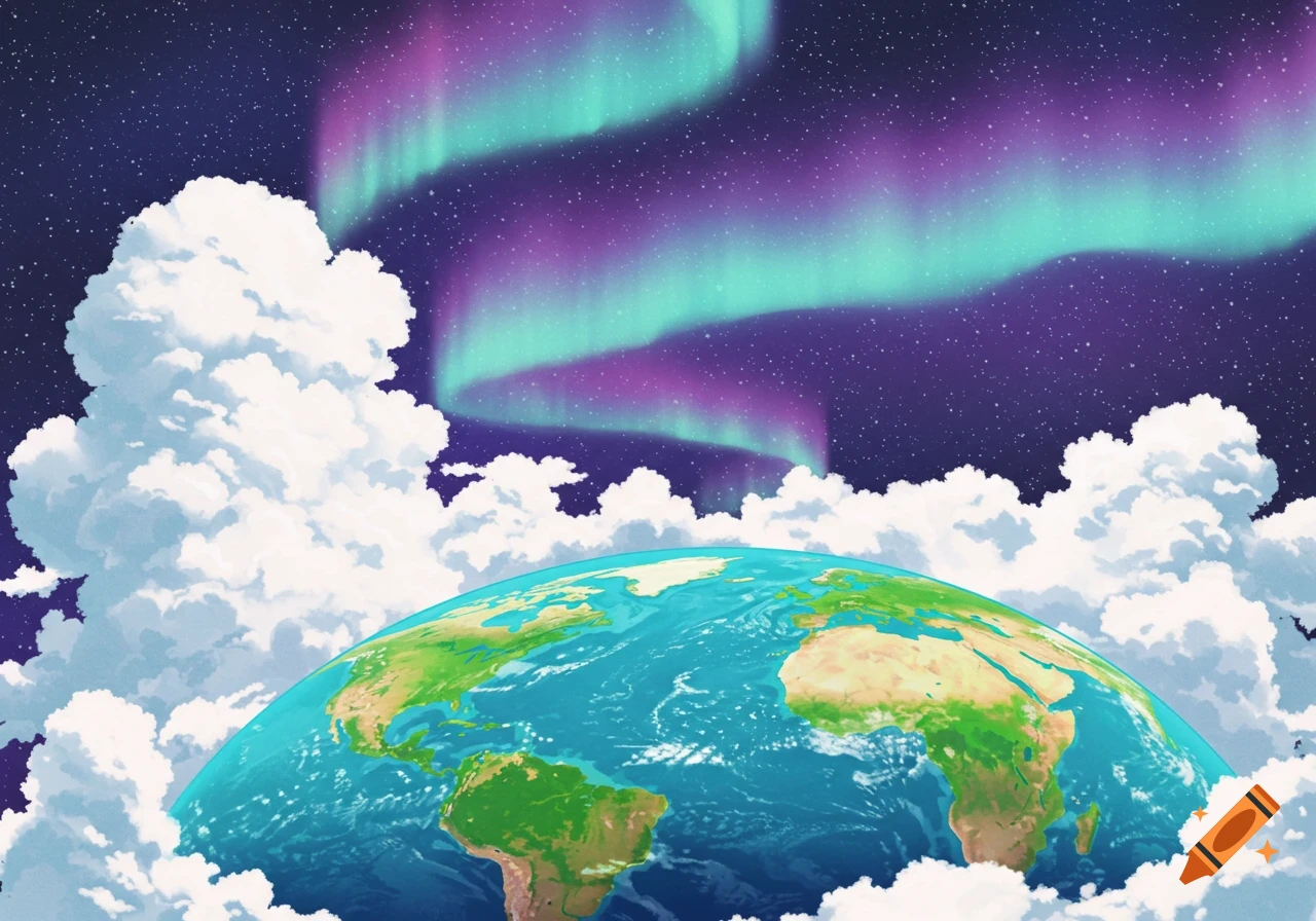 Cartoon Earth with continents and oceans, surrounded by white clouds, under a starry night sky with green and purple aurora.