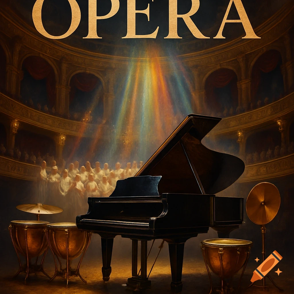 A grand piano and percussion instruments on a stage in a lavish concert hall, with a choir and rainbow spotlights, under the word 'OPERA'.