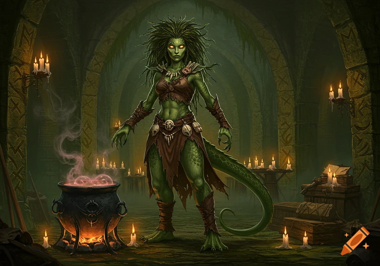A green-skinned, reptilian female monster with dreadlocks stands in a dark, candlelit dungeon beside a steaming cauldron.