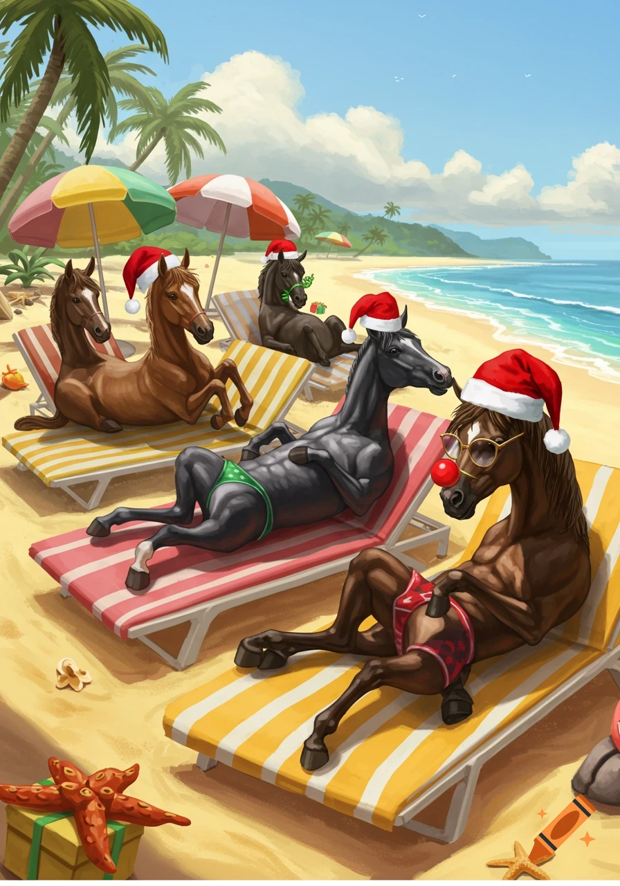 Stylized image of five horses in Santa hats and swimsuits relaxing on striped beach loungers on a sunny tropical beach.
