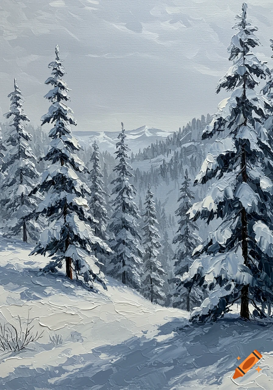 Palette knife painting of snow-covered fir trees on a mountain slope with a gray gradient in the distance.
