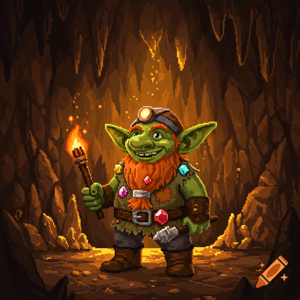 A pixel art goblin dwarf with an orange beard, wearing a miner's helmet and holding a torch, stands in a gem-filled cave.