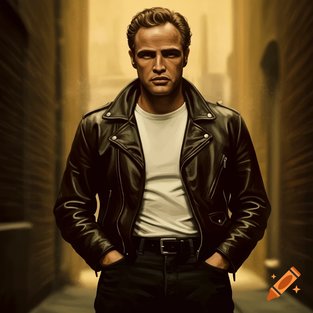 Digital painting of a man resembling Marlon Brando in a black leather jacket and white t-shirt, standing in a dimly lit alley.