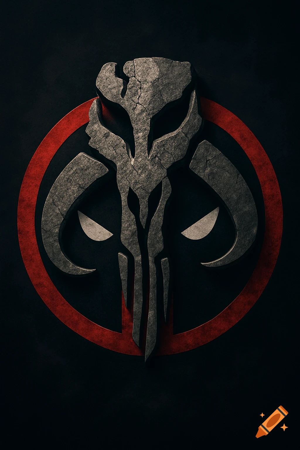 A 3D rendered logo of a gray, cracked Mandalore Mythosaur skull within a red circular Deadpool-style symbol on a black background.