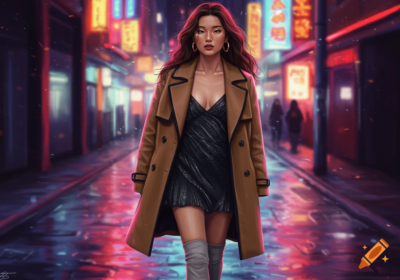 A confident Asian woman in a brown coat and black dress walks down a neon-lit city street at night. Digital art style.