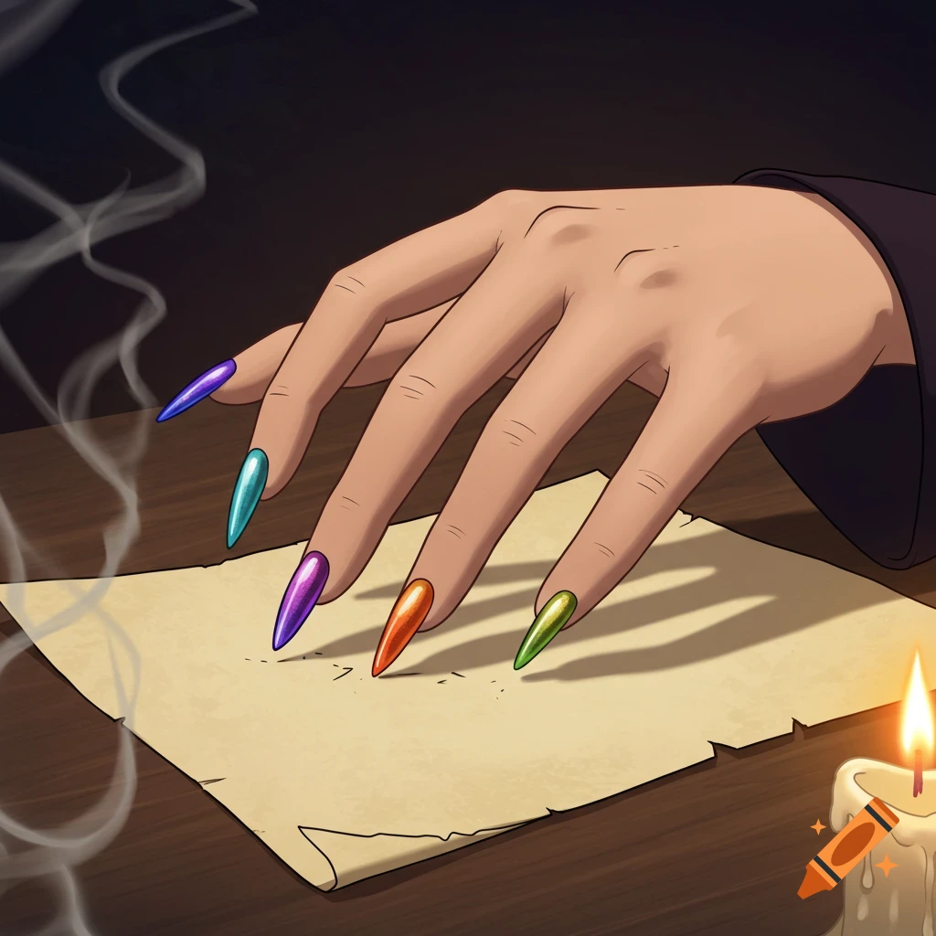 A cartoon witch's hand with long, colorful nails scratches on aged paper next to a lit candle with smoke rising, in a dark setting.