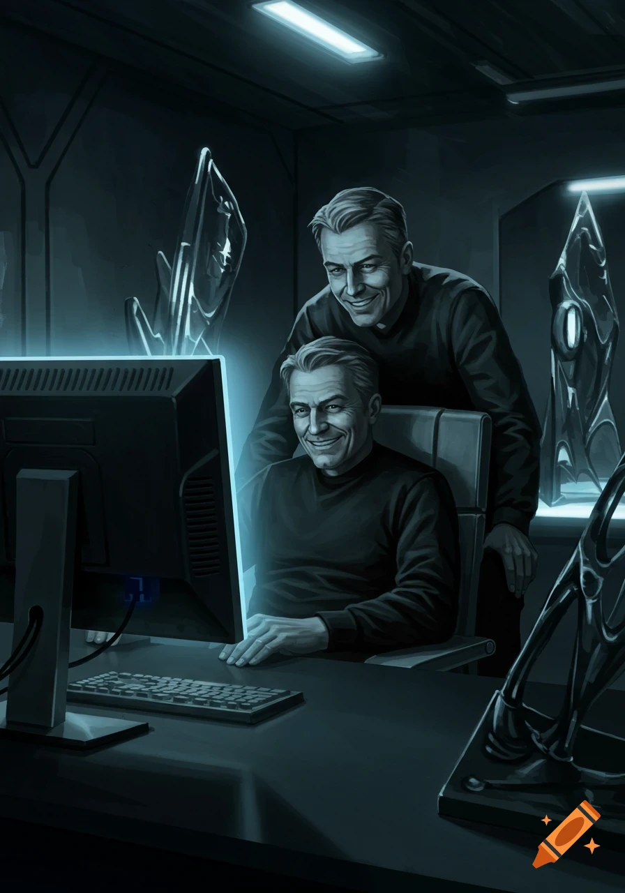 Two men with similar smiling faces look at a glowing computer screen in a dark, futuristic room with glowing crystals.