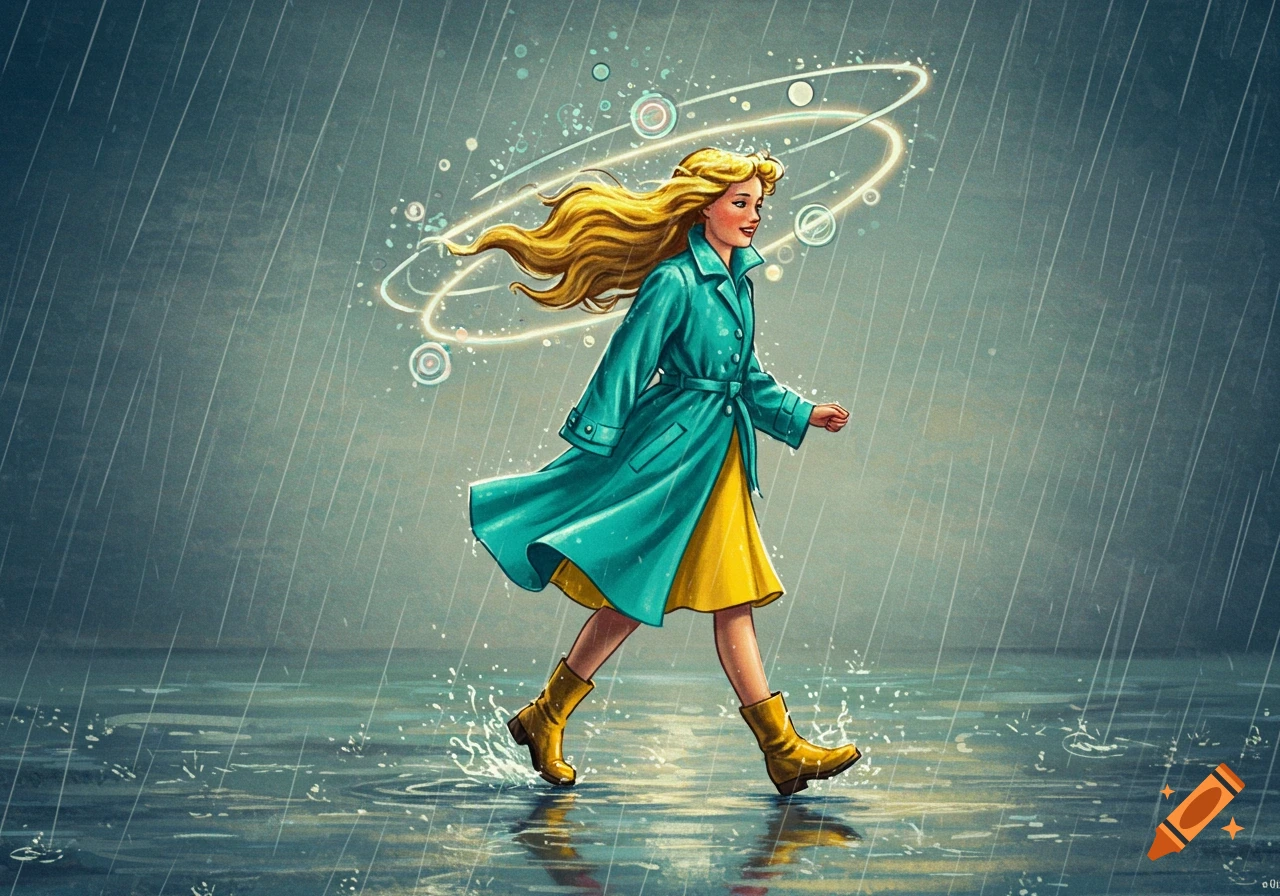 Cartoon illustration of a blonde girl in a teal raincoat and yellow dress walking in the rain with glowing circles around her head.