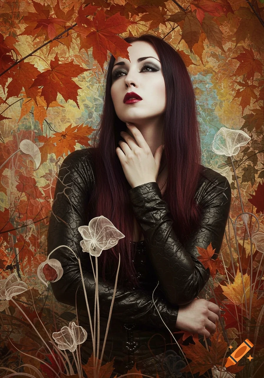 Close-up portrait of a pale woman with dark red hair and bold makeup, wearing a black textured top, surrounded by vibrant autumn leaves and abstract, translucent white plants. The image has a surreal, melancholic, and painterly feel with dramatic lighting.
