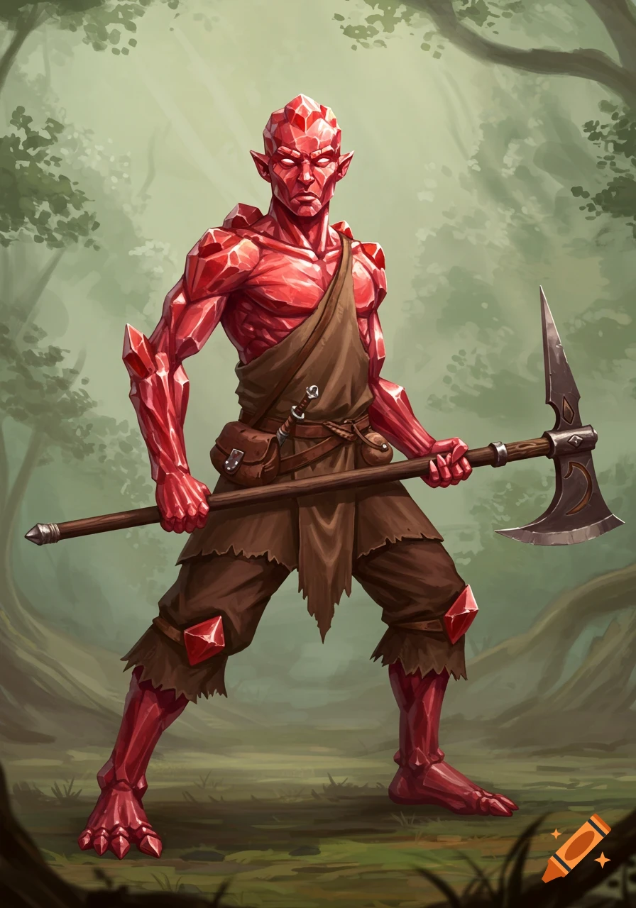 A red crystal-skinned humanoid with pointed ears, wearing brown tunic and pants, stands in a forest holding a bardiche axe.