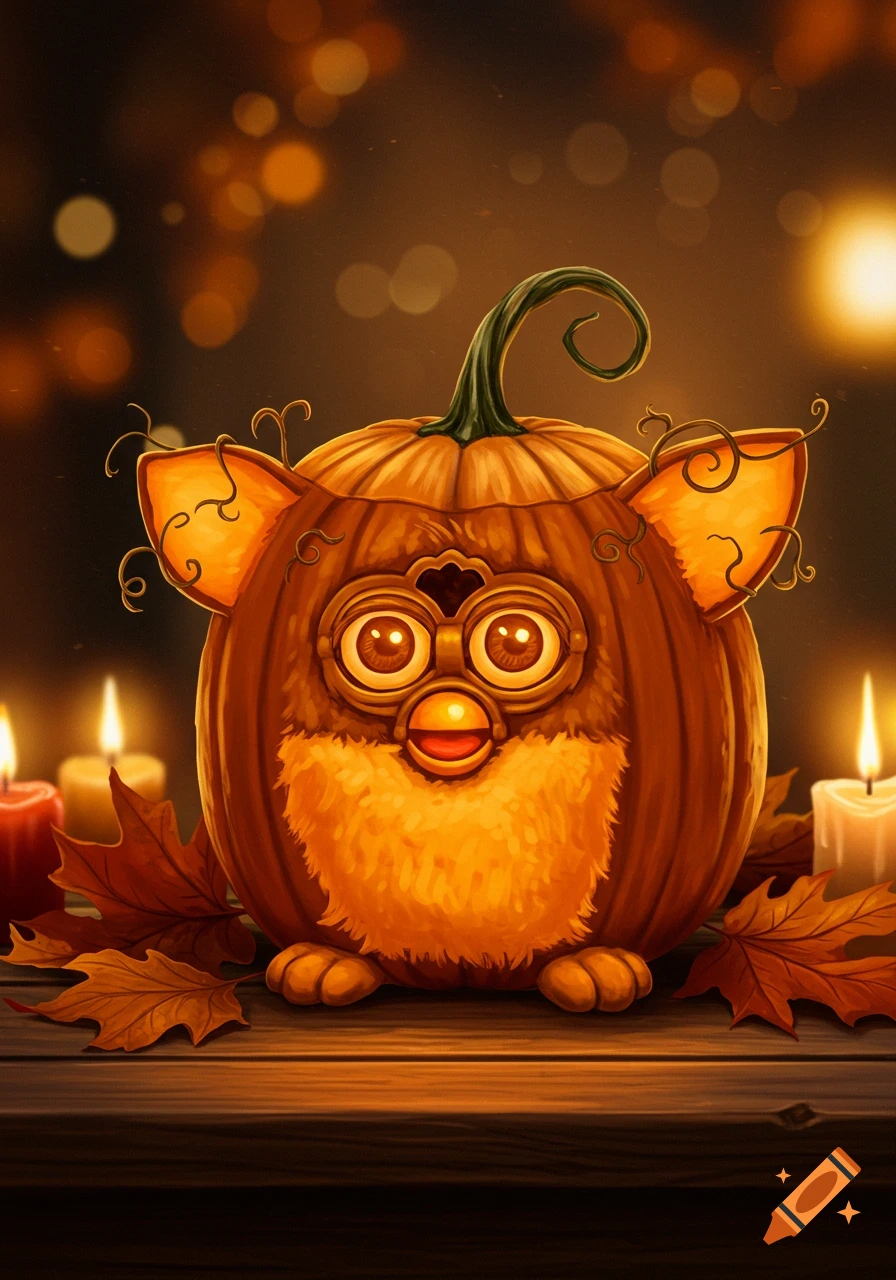 A cute, stylized Furby-themed pumpkin on a wooden table with fall leaves and glowing candles, with bokeh lights in the background.