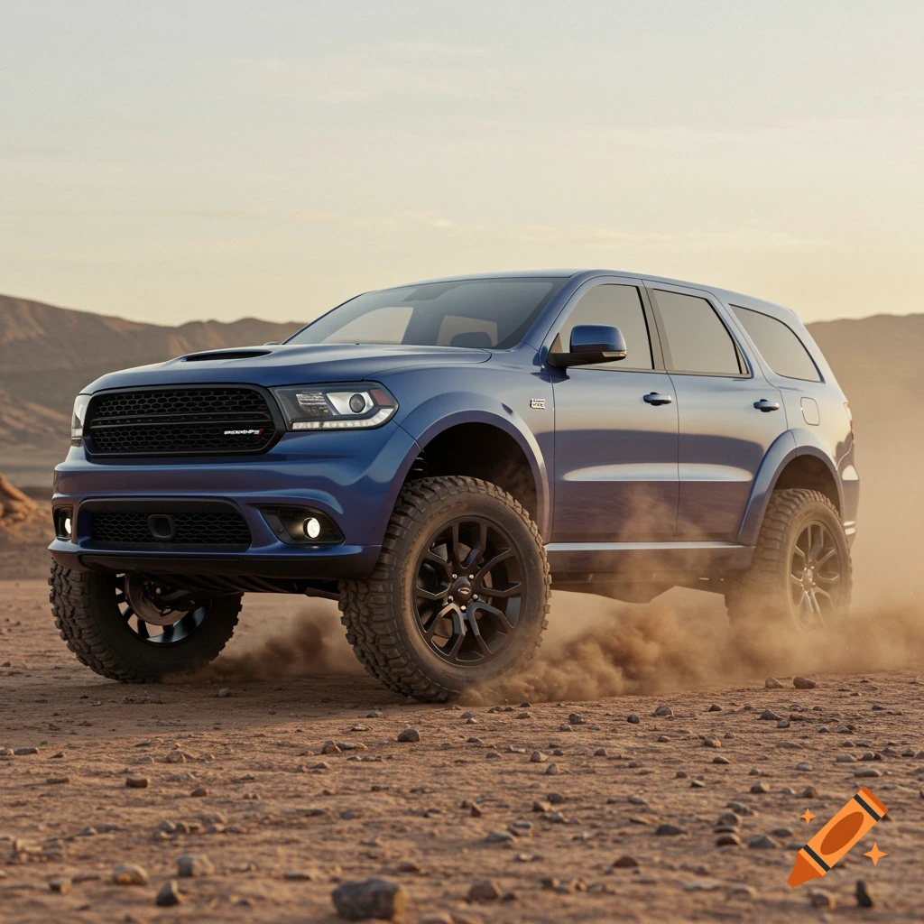 A blue lifted Dodge Durango SUV with off-road tires drives on a dusty dirt road under a clear sky, with mountains in the background.