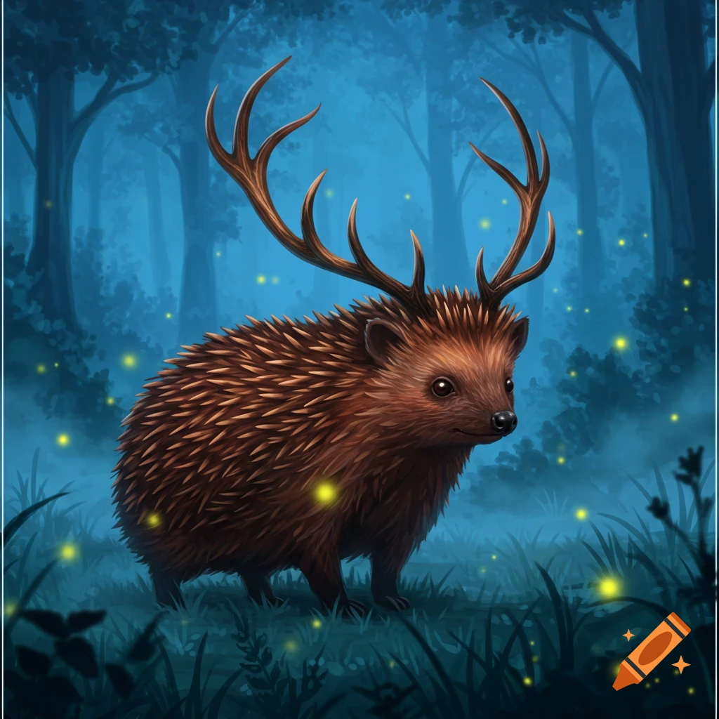 An illustrative hedgehog with deer antlers stands in a mystical blue forest with glowing fireflies.