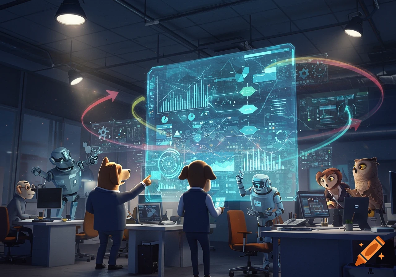 Cartoon animals and robots collaborate in an office, interacting with a large holographic data display and arrows symbolizing organizational change.