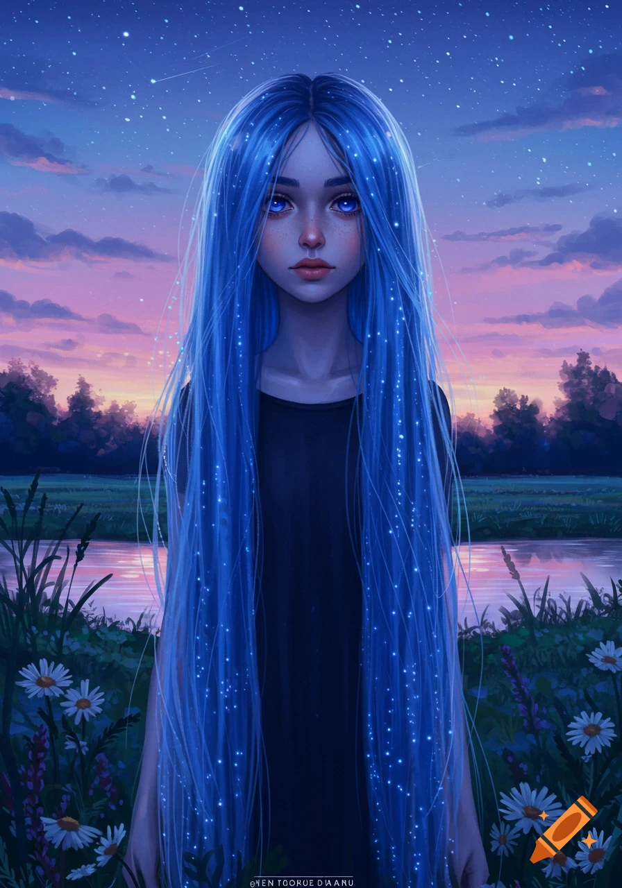 Digital art portrait of a fantasy girl with long, glowing blue hair standing by a river under a starry twilight sky.