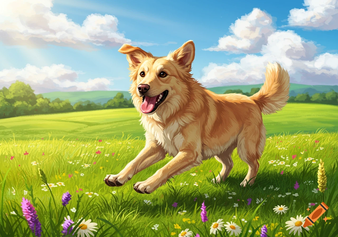 A happy dog runs through a vibrant green field with colorful wildflowers under a bright blue sky with fluffy clouds, in an illustrative style.