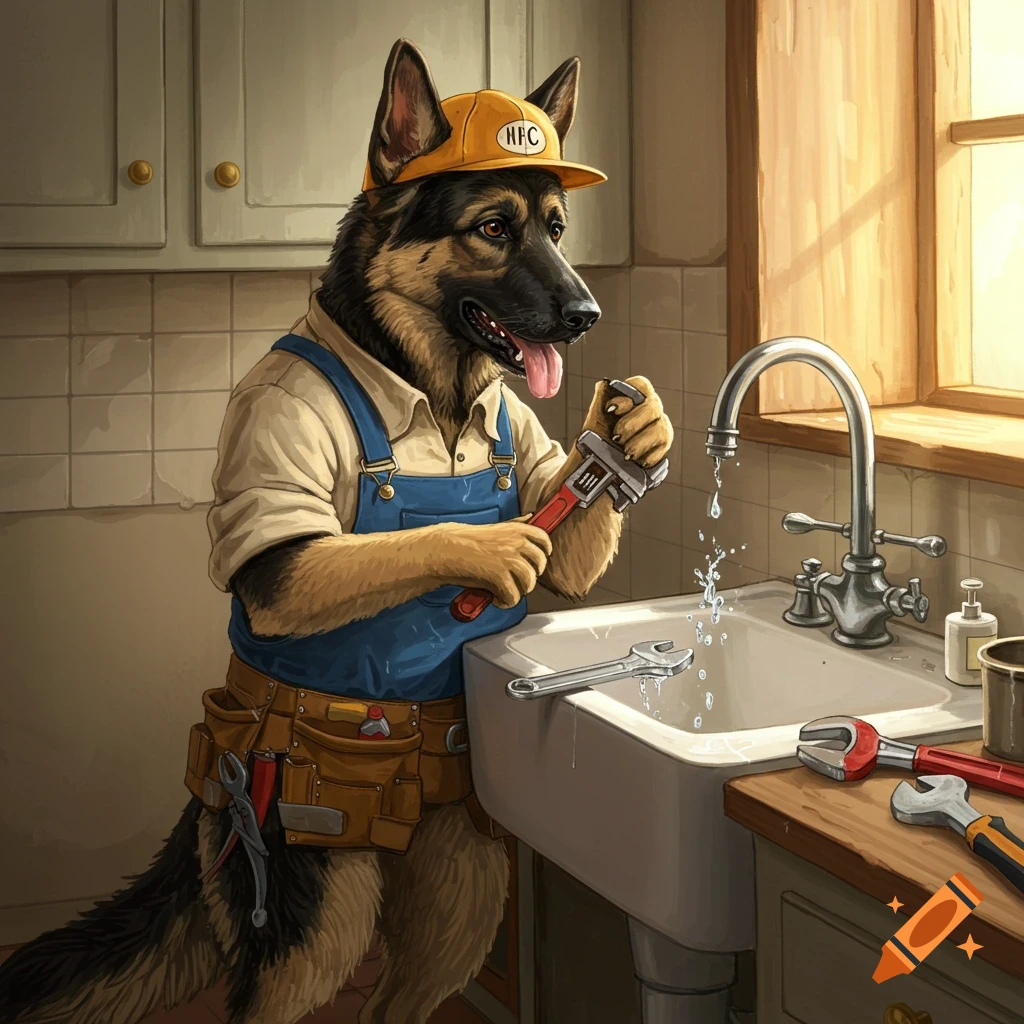A German Shepherd plumber wearing overalls and a hat, fixing a leaky faucet in a kitchen sink, detailed illustration.