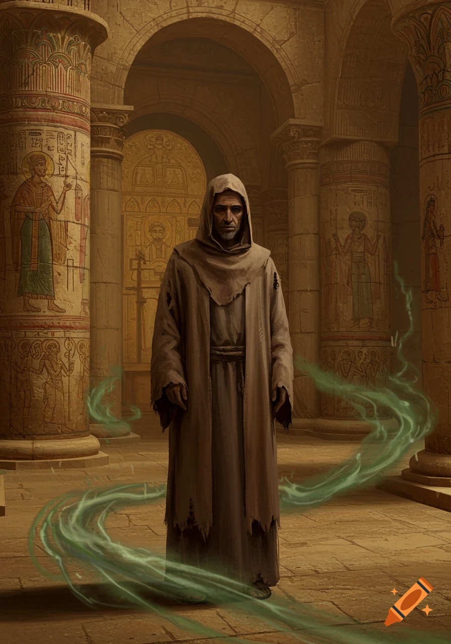 A hooded Coptic monk stands in an ancient Egyptian monastery with green stink lines, surrounded by pillars with hieroglyphics.