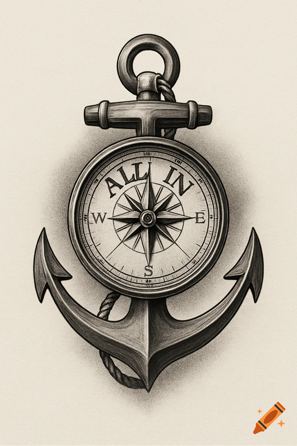 Grey and black pencil drawing of an anchor integrated with a compass, featuring the words 'ALL IN' at the top.