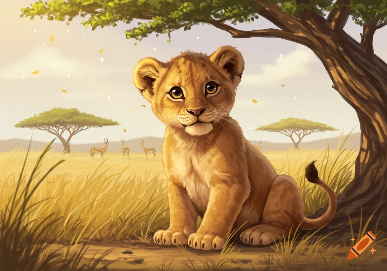 A cute baby lion sits in a golden savanna under a tree, with gazelles and more trees in the distance, in an illustrated style.