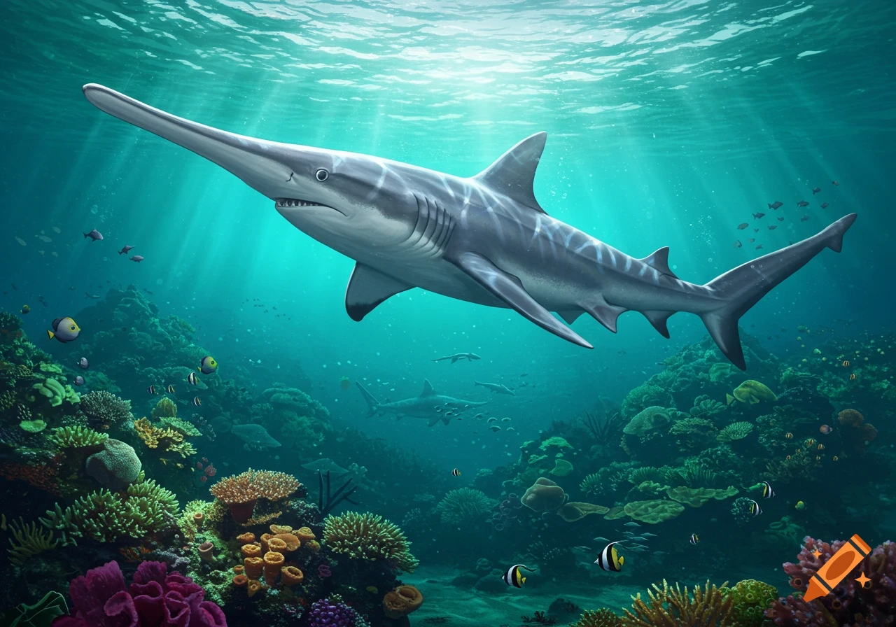 A photorealistic goblin shark swims above a vibrant coral reef, with schools of fish and sun rays piercing the clear blue ocean.