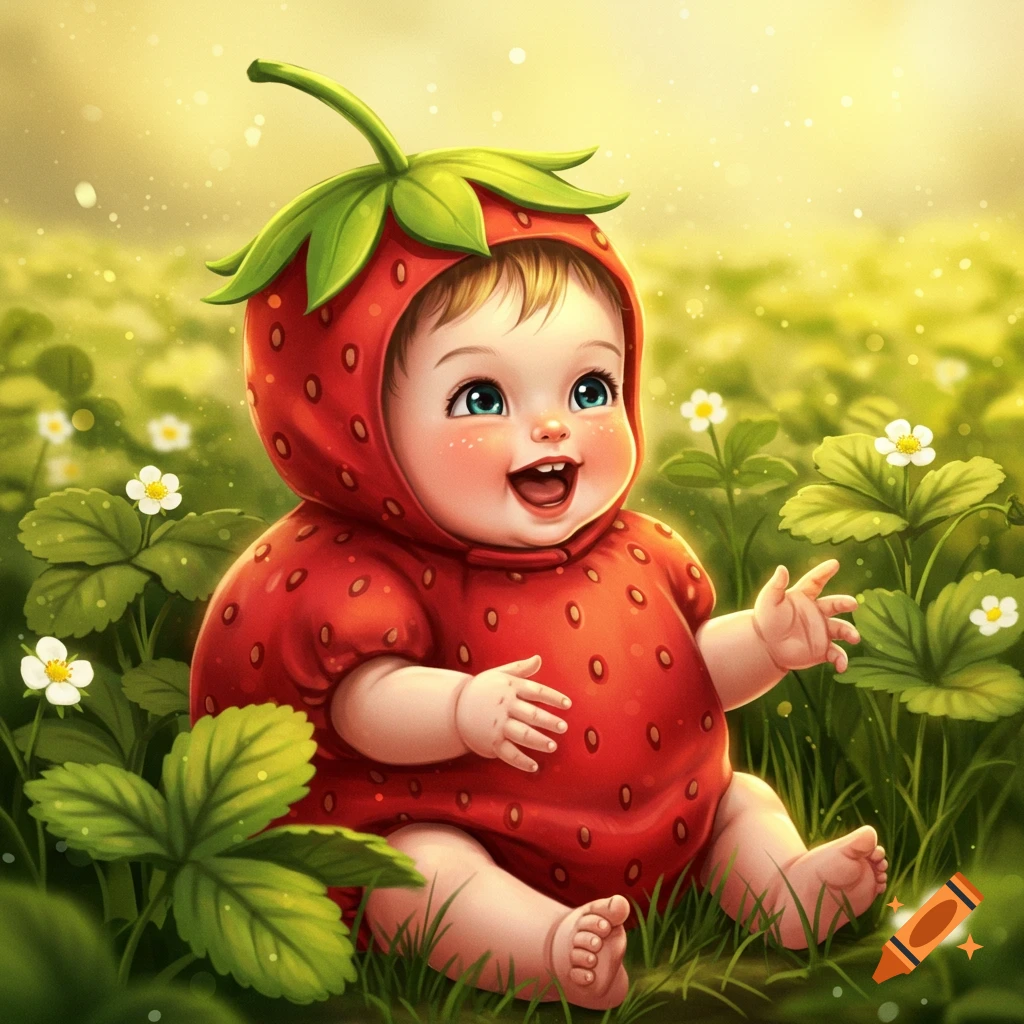 Cute baby in a red strawberry costume sitting in a bright green grassy field with white flowers.