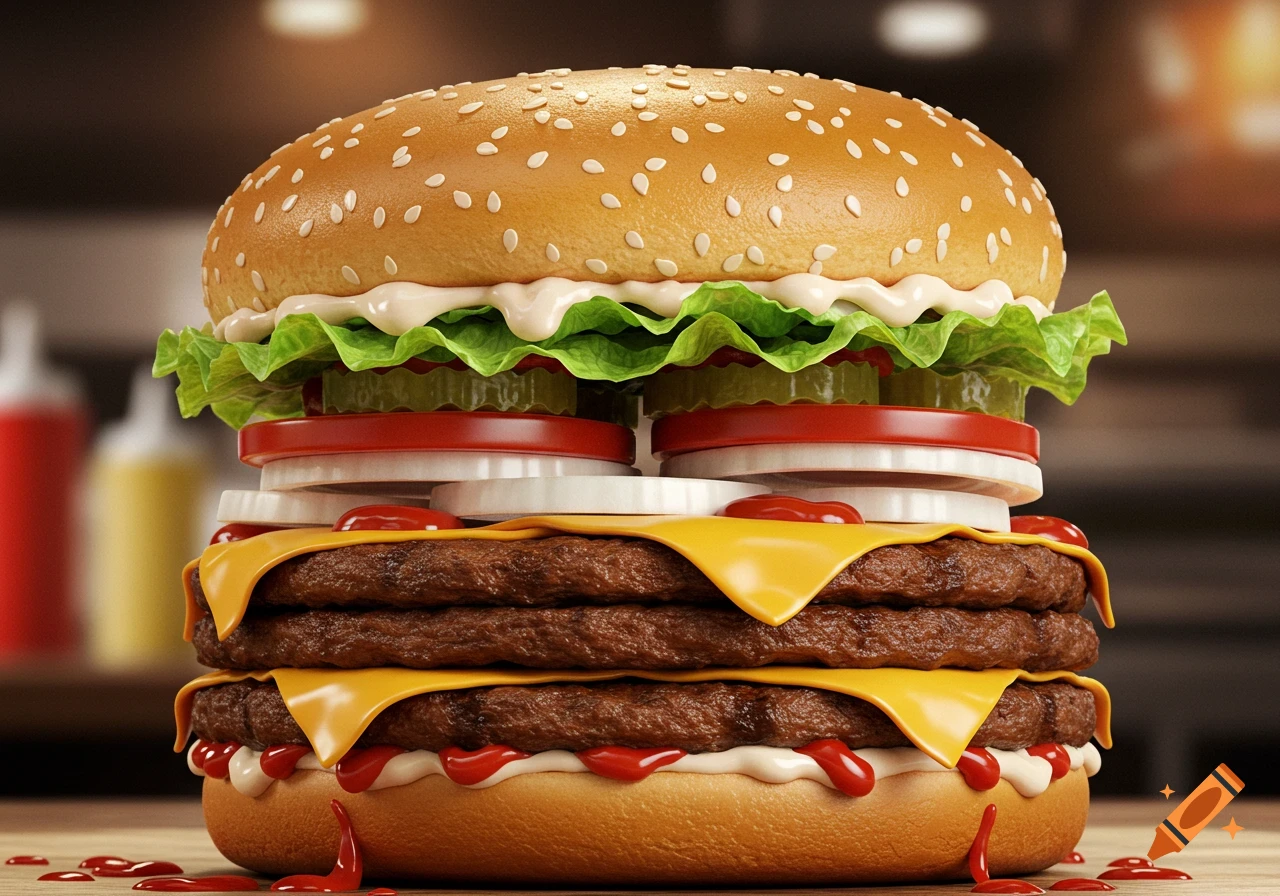 Photorealistic close-up of a giant triple-patty hamburger with cheese, lettuce, pickles, tomato, onion, ketchup, and mayonnaise.